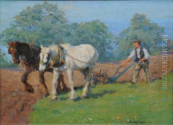 Ploughing Oil Painting by Harold Harvey