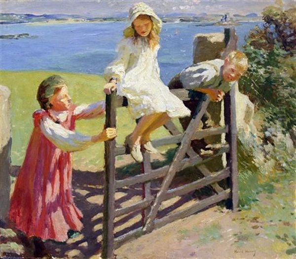 Children Swinging On A Gate Oil Painting by Harold Harvey