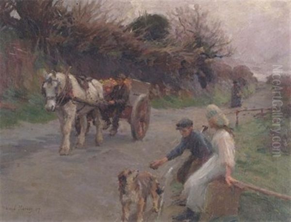 Travellers Resting With A Horse And Cart Passing By Oil Painting by Harold Harvey