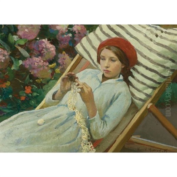 Girl With A Red Hat Oil Painting by Harold Harvey