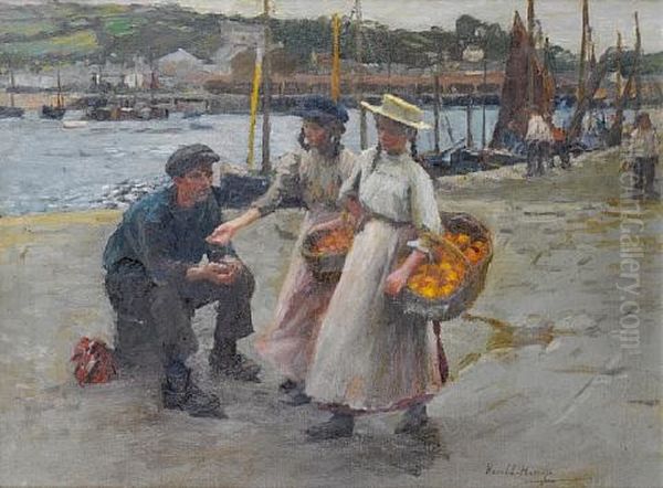 The Orange Sellers, Newlyn Harbour Oil Painting by Harold Harvey