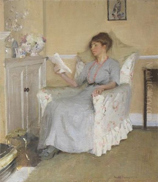 Portrait Of The Artist's Wife Gertrude Reading Oil Painting by Harold Harvey