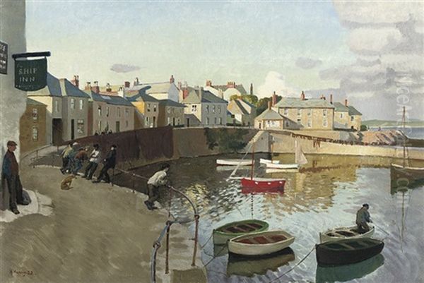 Mousehole Harbour Oil Painting by Harold Harvey