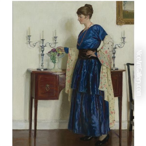 Woman By The Sideboard, Portrait Of The Artist's Wife Gertrude Oil Painting by Harold Harvey