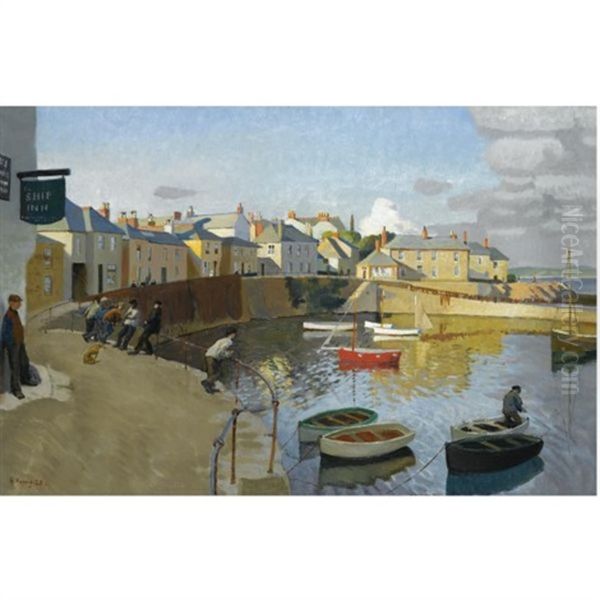 A View Of Mousehole Oil Painting by Harold Harvey