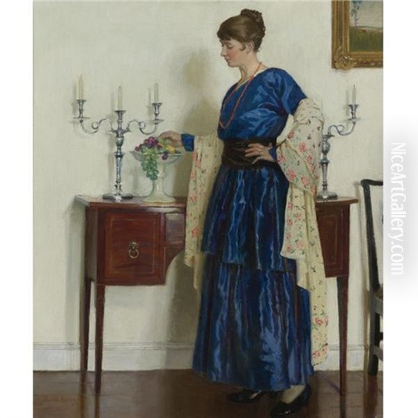 Woman By The Sideboard, Portrait Of The Artist's Wife Gertrude Oil Painting by Harold Harvey