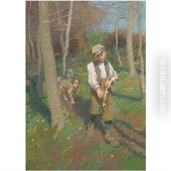 Boy Whittling A Stick Oil Painting by Harold Harvey