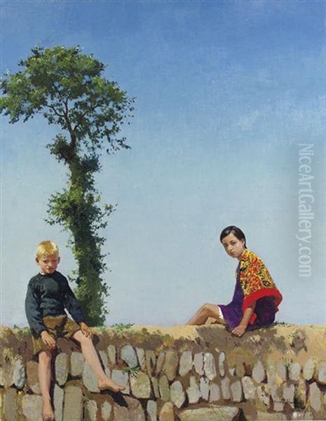 Children Sitting On A Wall Oil Painting by Harold Harvey