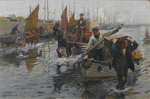 Unloading The Boats, Newlyn Harbour Oil Painting by Harold Harvey