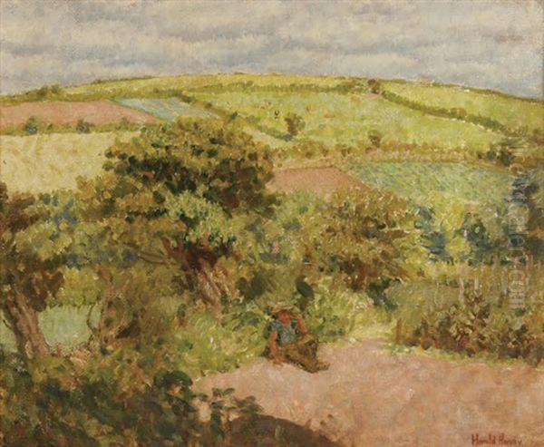 Expansive Summer Landscape With Resting Figure Oil Painting by Harold Harvey