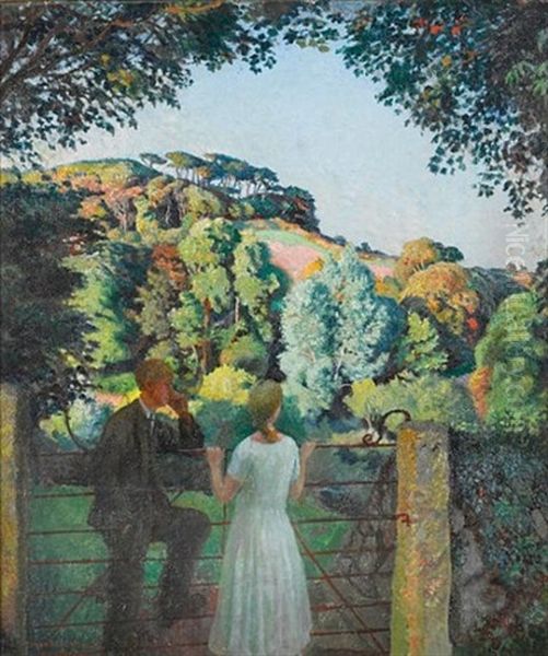 Midge Bruford And Her Fiance At Chywoone Hill, Newlyn Oil Painting by Harold Harvey