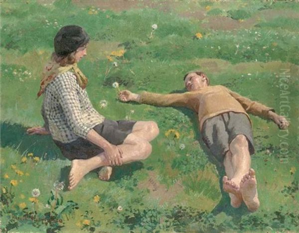 Cornish Children Oil Painting by Harold Harvey