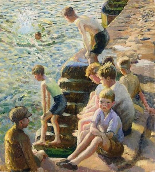 Boys Bathing Oil Painting by Harold Harvey