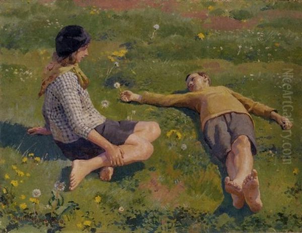 Cornish Children Oil Painting by Harold Harvey