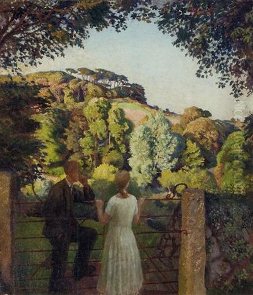 Midge Bruford And Fiance, Coombe Hill, Newlyn Oil Painting by Harold Harvey