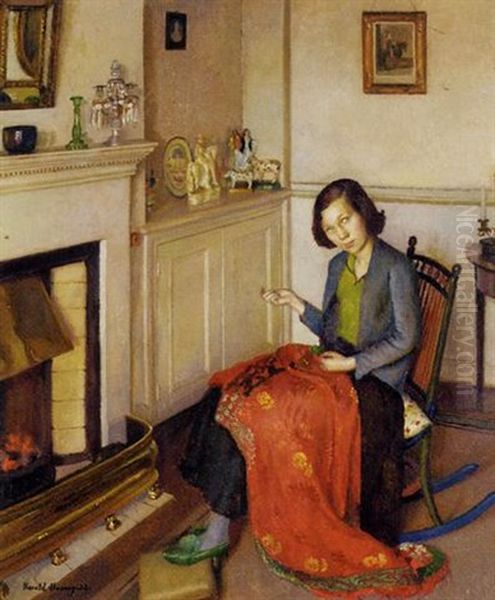 The Red Silk Shawl Oil Painting by Harold Harvey