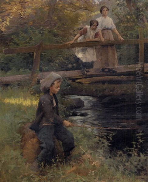 Fishing By A Forest Stream by Harold Harvey