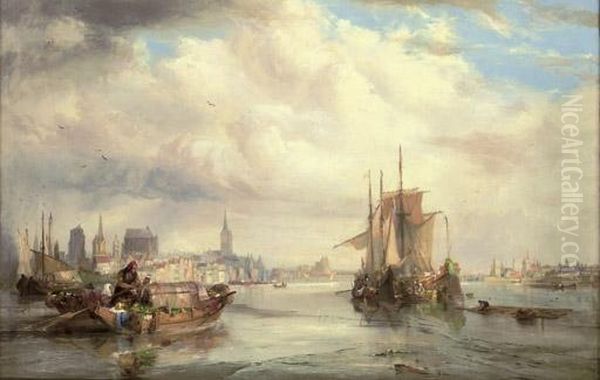 Market Barges On The Rhine At Cologne Oil Painting by George Balmer