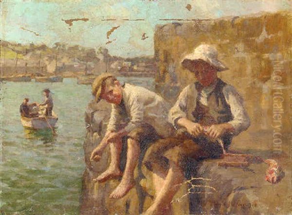 Boys Fishing On A Quay Oil Painting by Harold Harvey