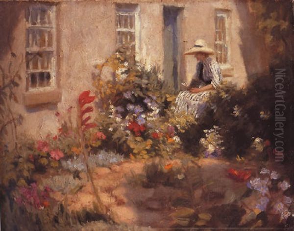 Woman Reading In A Garden Oil Painting by Harold Harvey