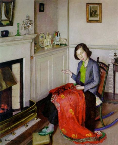 The Red Silk Shawl Oil Painting by Harold Harvey