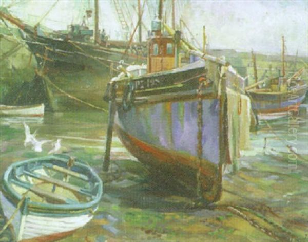 A Harbour At Low Tide Oil Painting by Harold Harvey