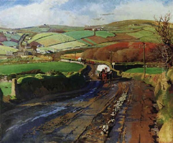 Haulers On A Country Road, Newlyn Oil Painting by Harold Harvey