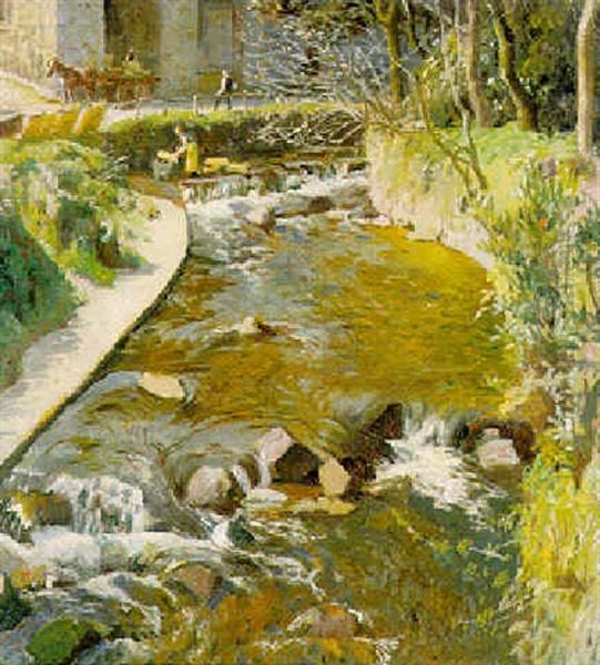 Washing Fish Boxes, Newlyn River Oil Painting by Harold Harvey