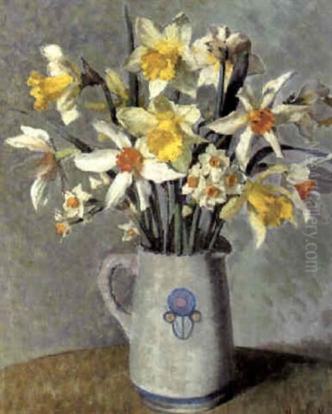 Still Life Of Daffodils And Narcissi In A White Jug Oil Painting by Harold Harvey