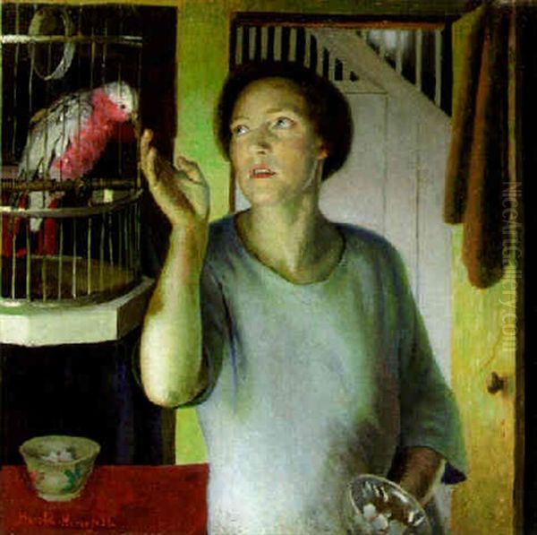 Gertrude Harvey With A Parrot In The Artist's House Oil Painting by Harold Harvey