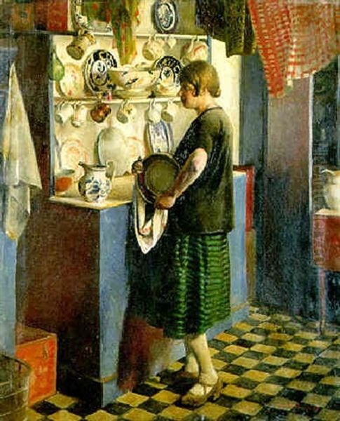 Gertrude In The Kitchen At Maen Cottage, Newlyn Oil Painting by Harold Harvey