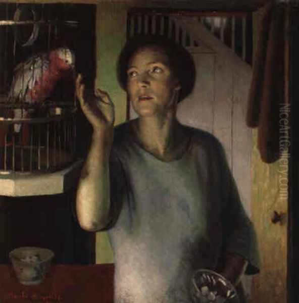 Gertrude Harvey With A Parrot In The Artist's House Oil Painting by Harold Harvey