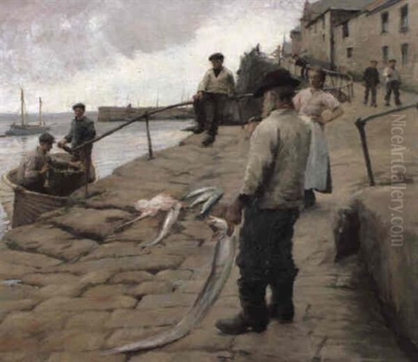 Mousehole Harbour Oil Painting by Harold Harvey