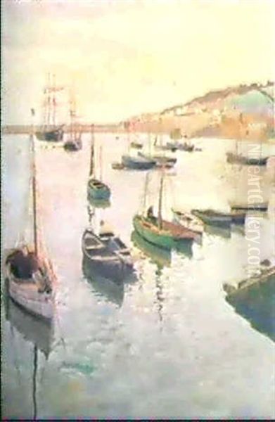 Boats, Newlyn Harbour Oil Painting by Harold Harvey