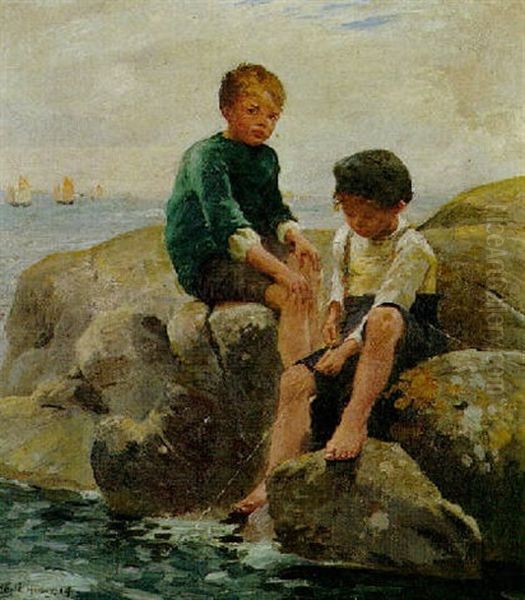 Two Boys Fishing Oil Painting by Harold Harvey