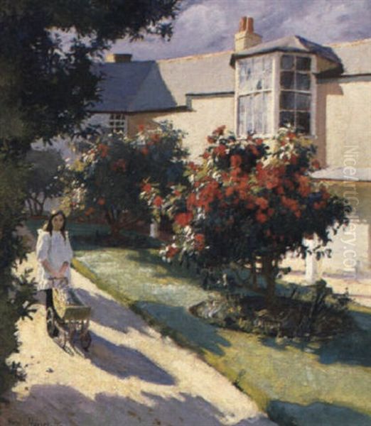 In A Summer's Garden Oil Painting by Harold Harvey