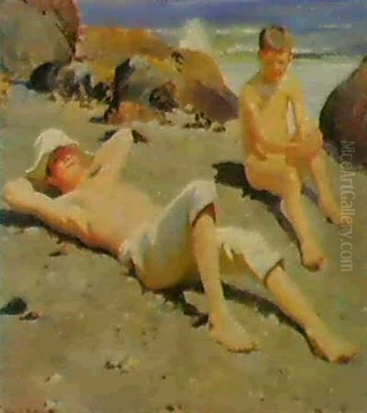 Boys On A Beach Oil Painting by Harold Harvey