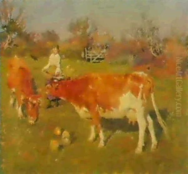 A Farm Girl With Two Ayrshire Cows Oil Painting by Harold Harvey