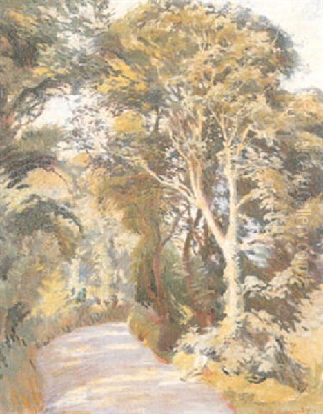 A Cornish Lane Oil Painting by Harold Harvey