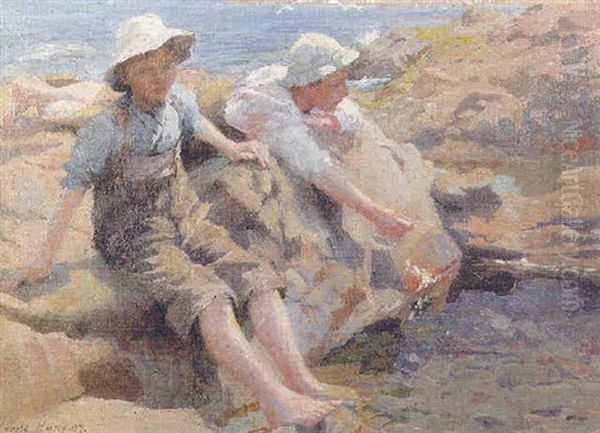 Fishing For Bullcod, Larrigan Rocks Oil Painting by Harold Harvey