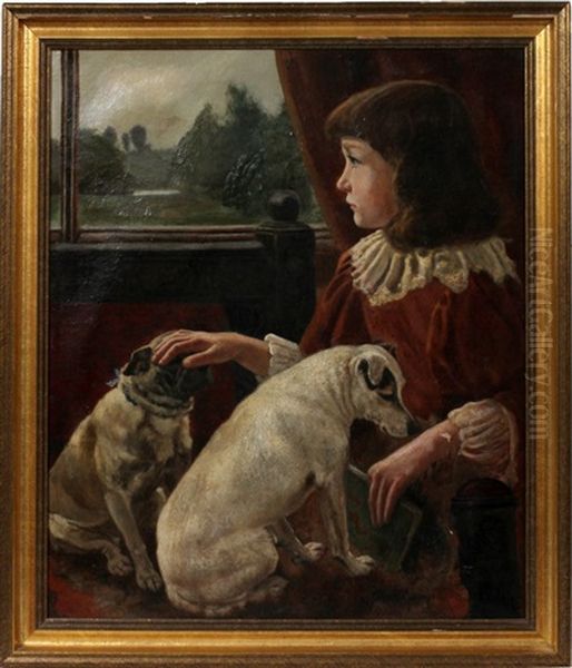 Girl With Dogs Oil Painting by John Rabone Harvey