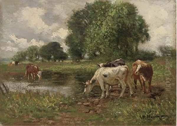 A Grazing Flock (+ Cattle Watering; Pair) Oil Painting by John Rabone Harvey