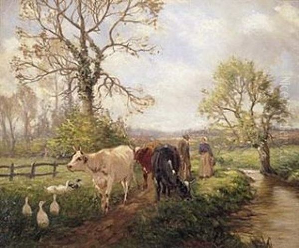 Wayside Gossips: A Study Of A Cattleherd Talking To A Milkmaid Beside A Meandering Brook Oil Painting by John Rabone Harvey