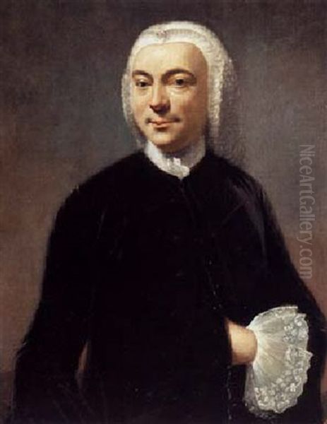 A Portrait Of A Man, Wearing Black Costume With White Collar, Cuffs And A Wig Oil Painting by R. Harvie