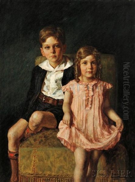 Portrait Of A Brother And Sister Oil Painting by A. (of Aberdeen) Harwood