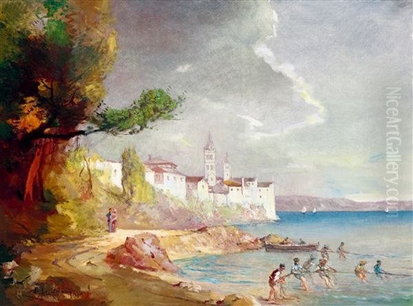 Fishermen On The Adriatic Oil Painting by Gyula Hary