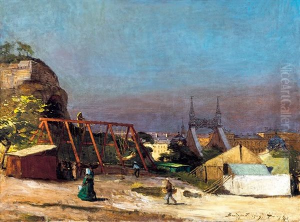 Side-show On Gellert Hill With The Liberty Bridge In The Background Oil Painting by Gyula Hary