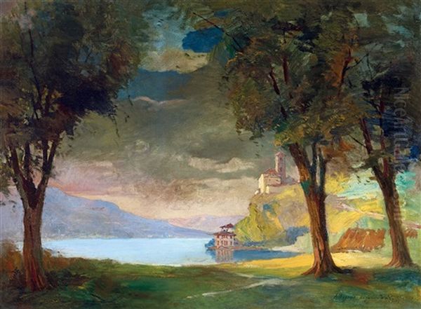 On The Bank Of The Lake In Lugano (albugagio) Oil Painting by Gyula Hary