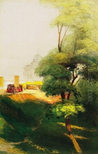 Park Villamossal (park With A Tram) Oil Painting by Gyula Hary