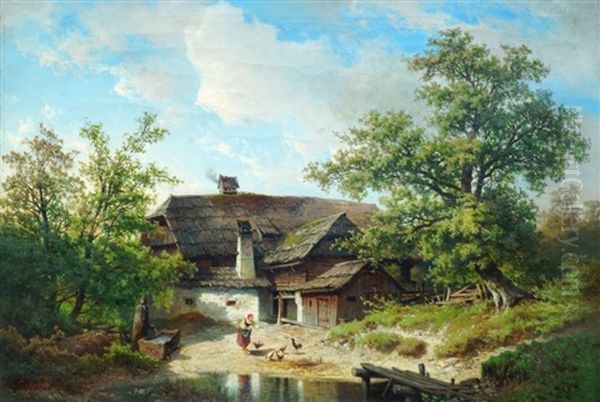 Woman Feeding Chickens By A Pond With A Cottage And Woodland Oil Painting by Carl Hasch